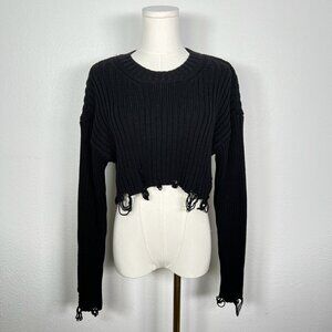 Zara Black Ripped Cropped Knit Sweater - Size S